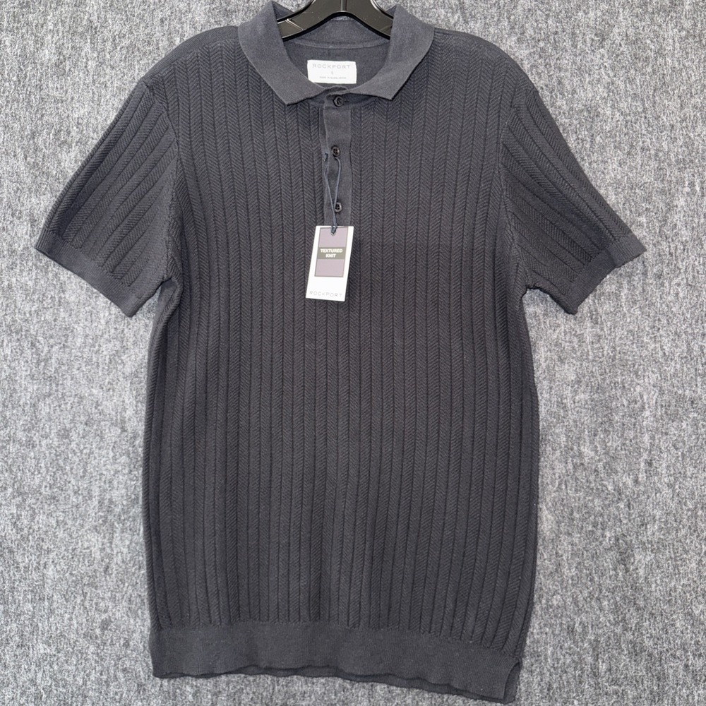 Rockport Textured Knit Polo Shirt Men's Size Small Black Short Sleeve NWT Casual